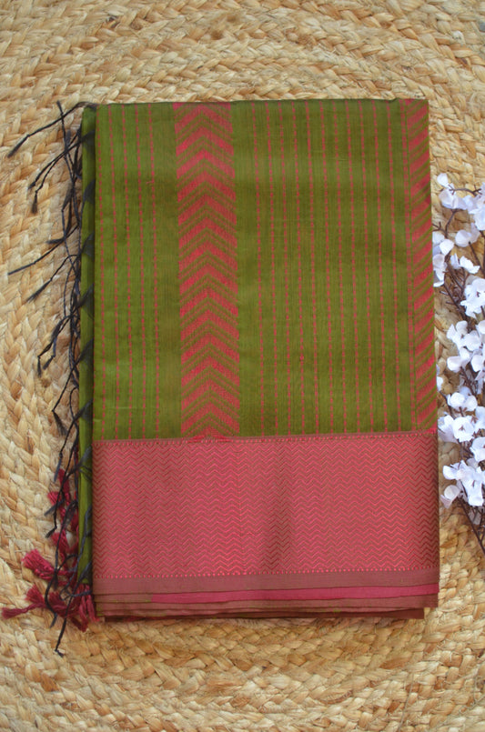 Mehndi Maheshwari Pure Silk Handloom Saree with Thread Zari