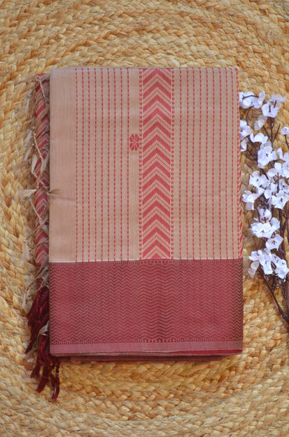 Beige Maheshwari Pure Silk Handloom Saree with Thread Zari