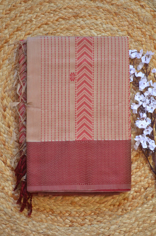 Beige Maheshwari Pure Silk Handloom Saree with Thread Zari