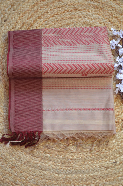 Beige Maheshwari Pure Silk Handloom Saree with Thread Zari