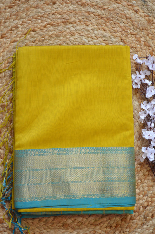 Sunflower Yellow Maheshwari Pure Silk Handloom Saree with Metal Zari