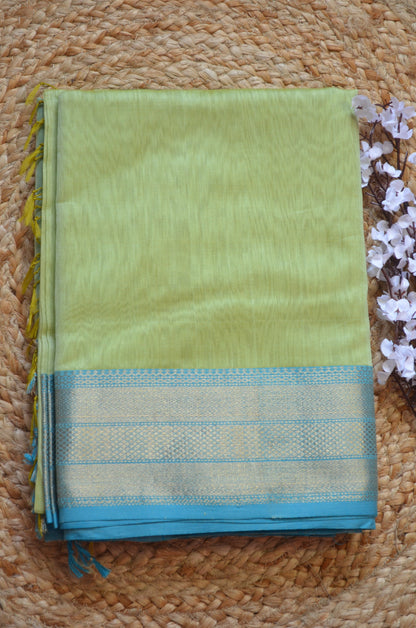 Light Pista Maheshwari Pure Silk Handloom Saree with Metal Zari