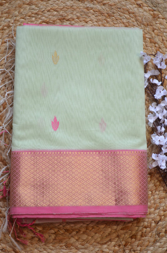 Light Sea Grean Maheshwari Pure Silk Handloom Saree with Metal Zari