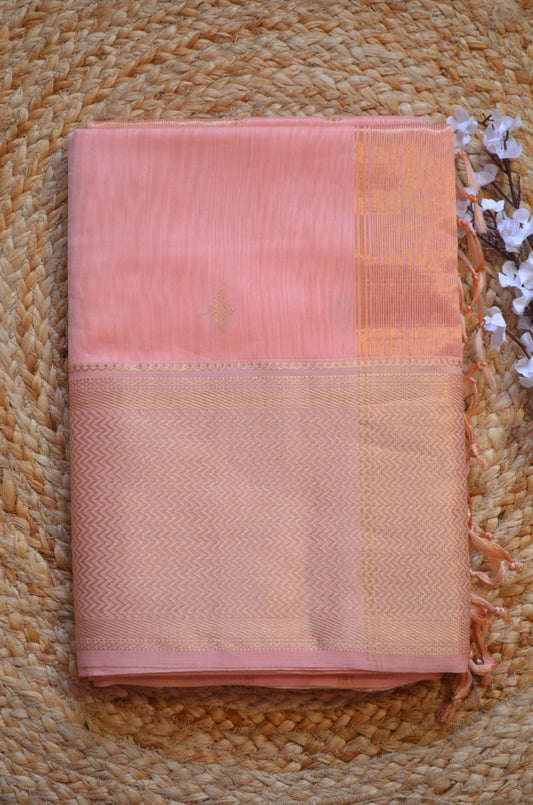 Rose Pink Maheshwari Pure Silk Handloom Saree with Metal Zari