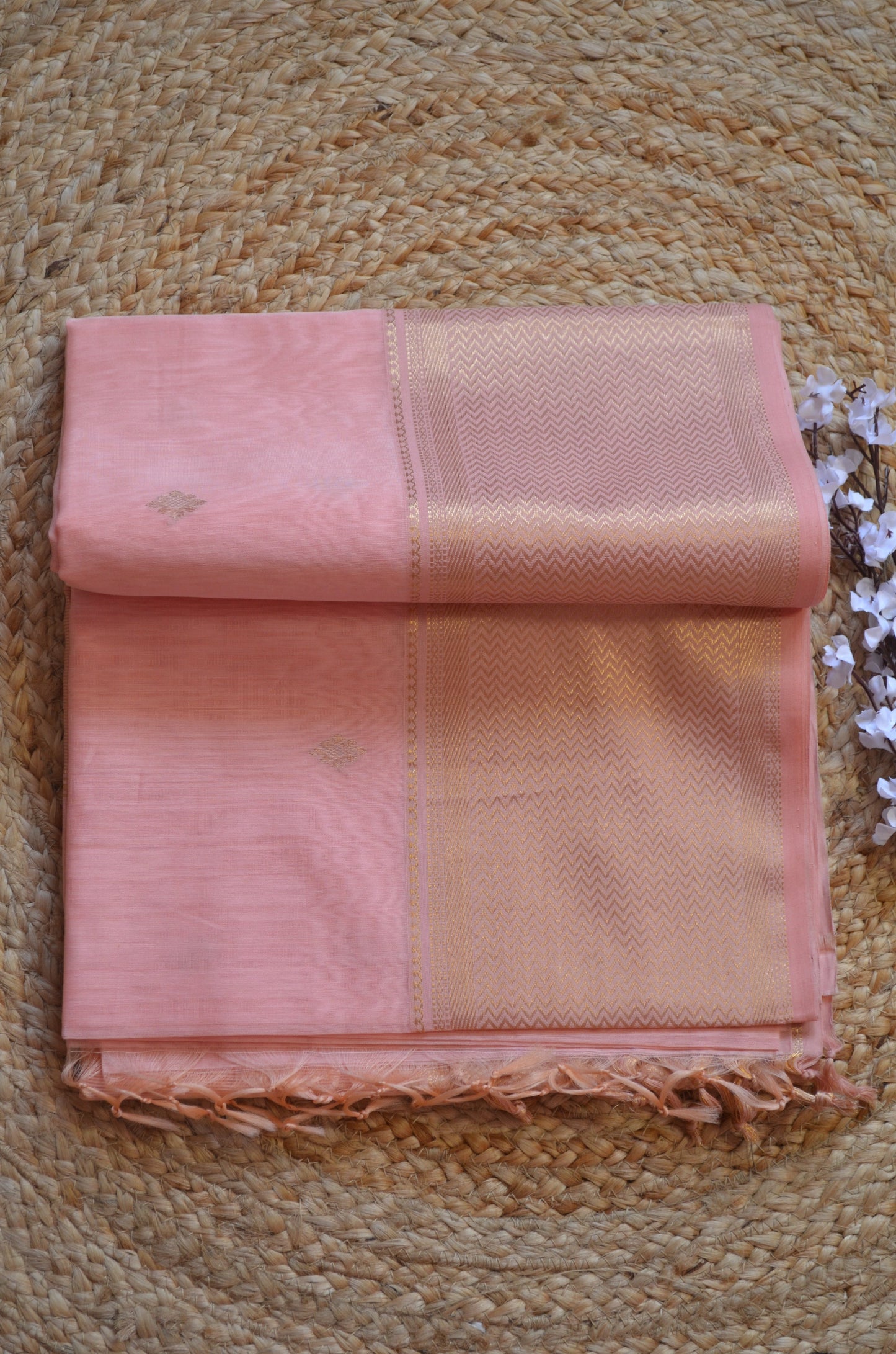 Rose Pink Maheshwari Pure Silk Handloom Saree with Metal Zari