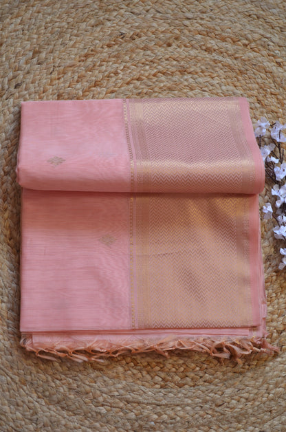 Rose Pink Maheshwari Pure Silk Handloom Saree with Metal Zari