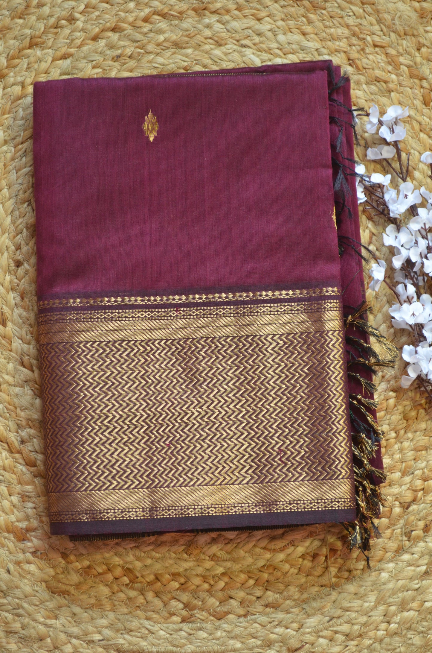 Grape Wine Maheshwari Pure Silk Handloom Saree with Metal Zari