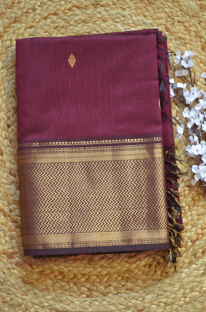 Grape Wine Maheshwari Pure Silk Handloom Saree with Metal Zari