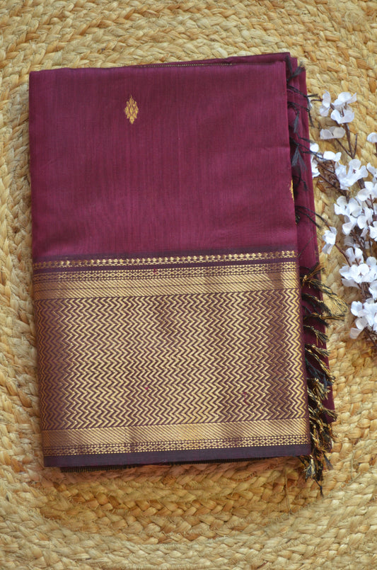 Grape Wine Maheshwari Pure Silk Handloom Saree with Metal Zari