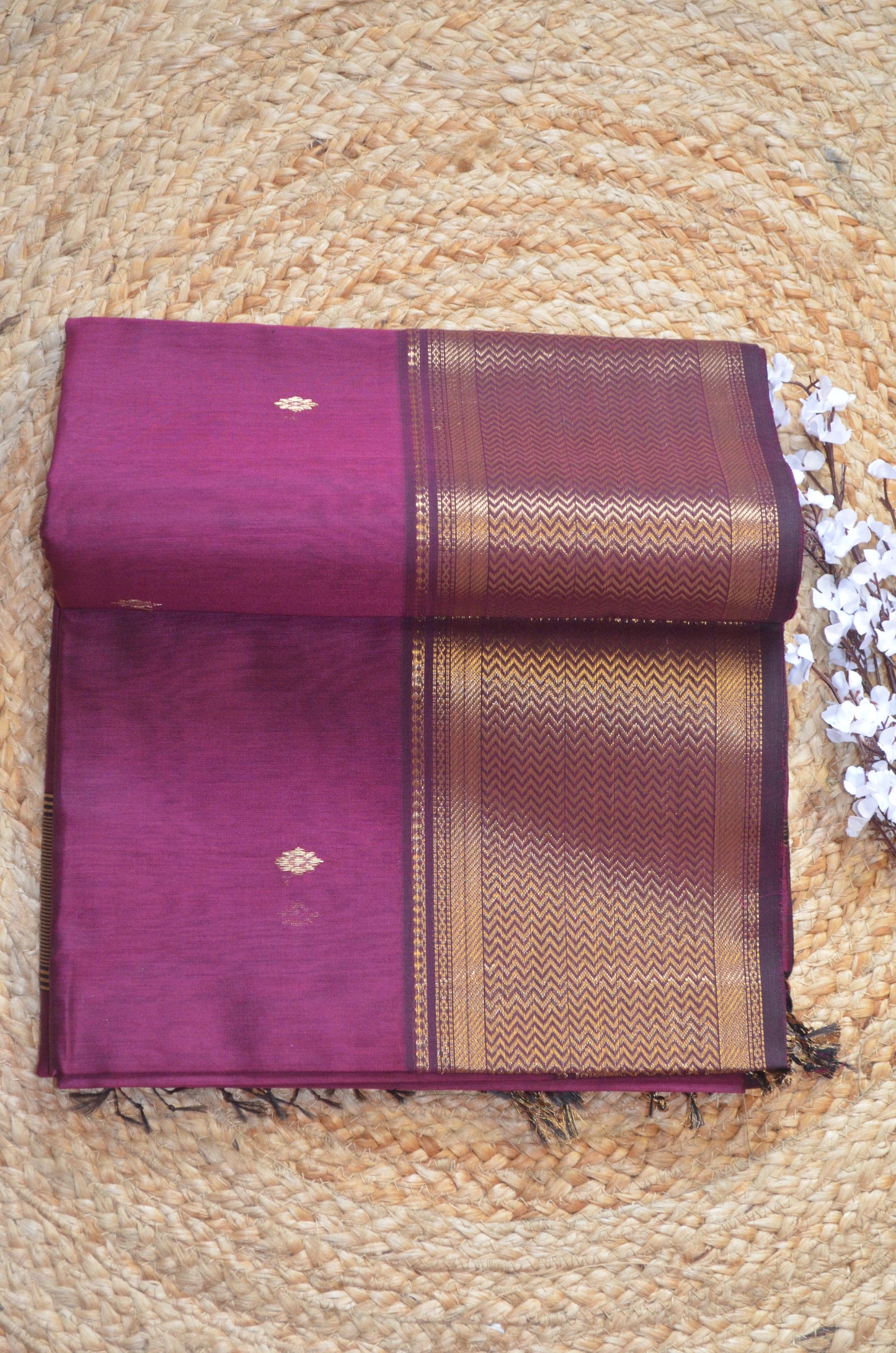 Grape Wine Maheshwari Pure Silk Handloom Saree with Metal Zari