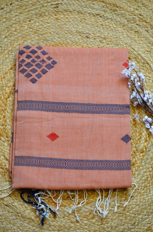 Peach Buttery Mul Cotton Bengal Muslin Handloom Saree