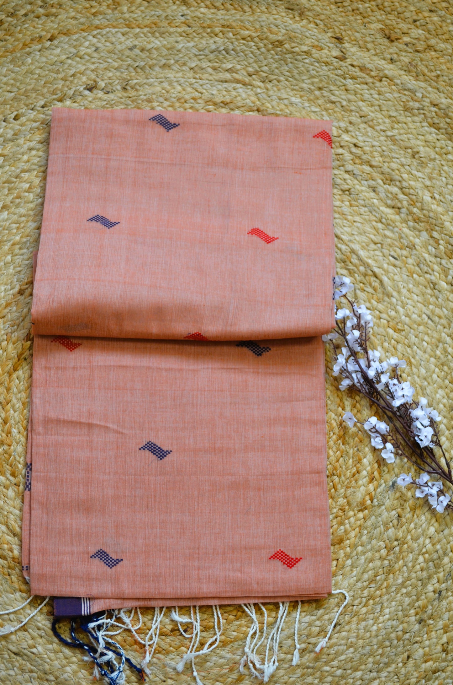 Peach Buttery Mul Cotton Bengal Muslin Handloom Saree
