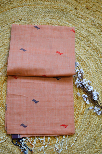 Peach Buttery Mul Cotton Bengal Muslin Handloom Saree