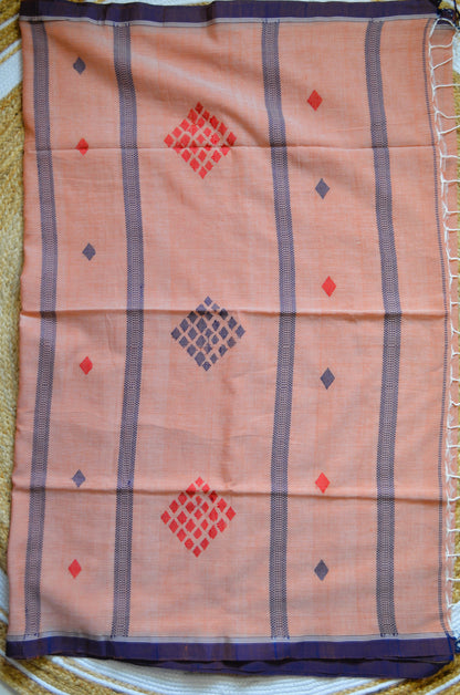 Peach Buttery Mul Cotton Bengal Muslin Handloom Saree
