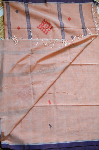 Peach Buttery Mul Cotton Bengal Muslin Handloom Saree