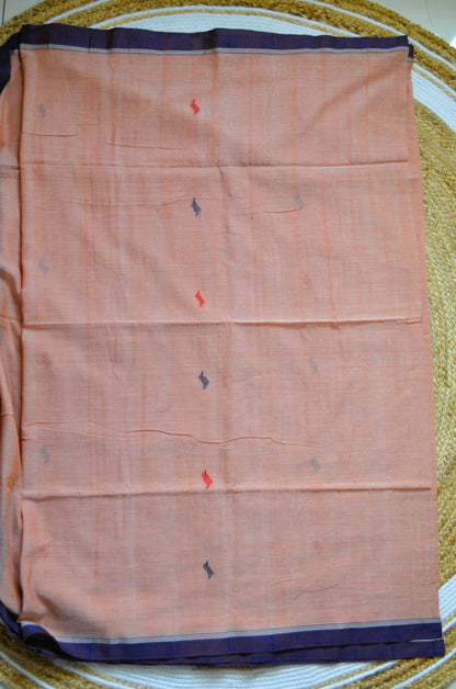 Peach Buttery Mul Cotton Bengal Muslin Handloom Saree