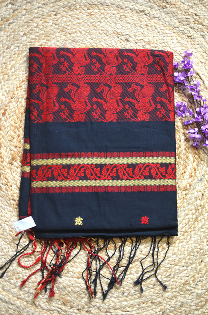 Black Buttery Mul Cotton Bengal Muslin Baluchuri Handloom Saree