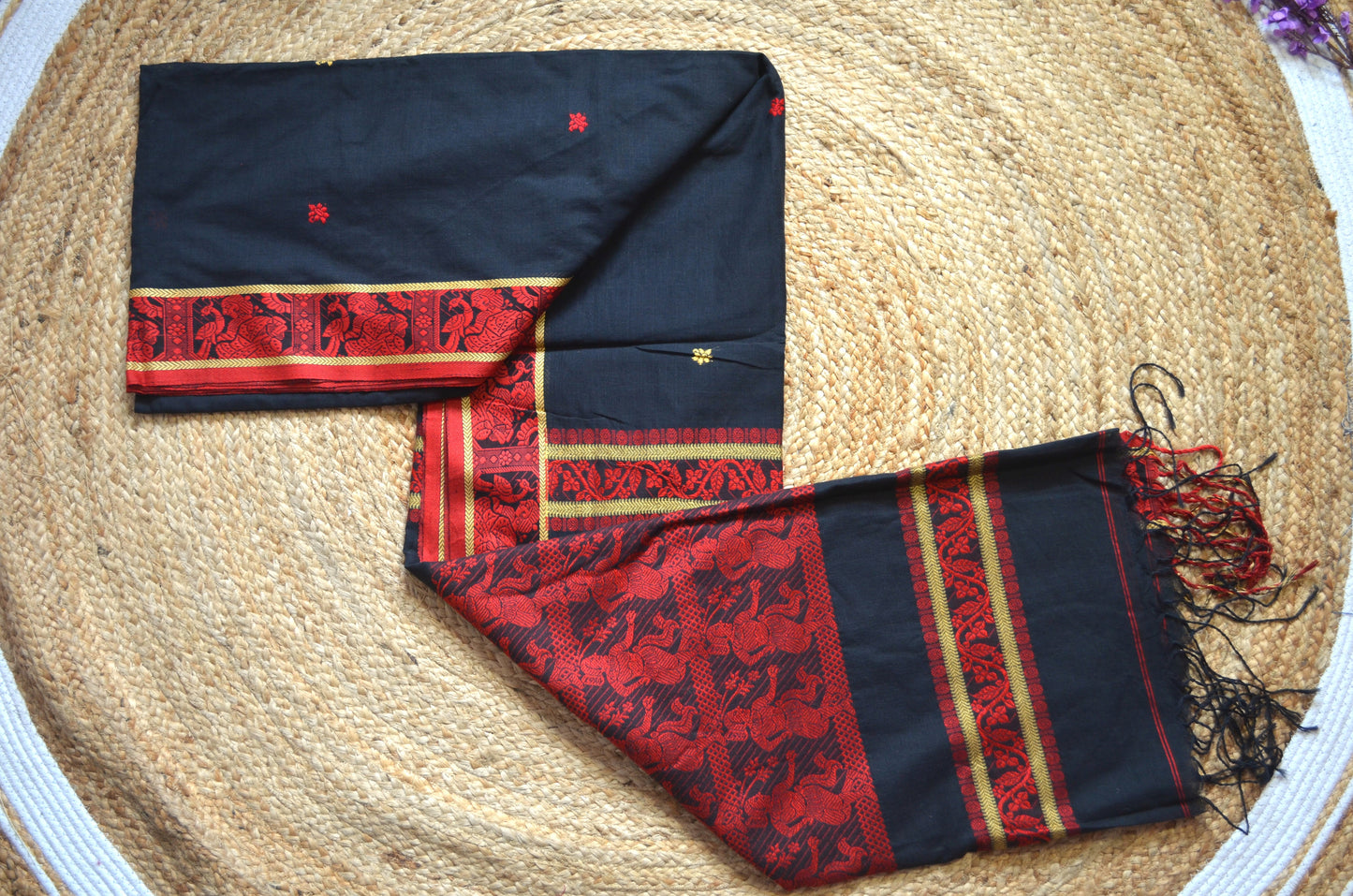 Black Buttery Mul Cotton Bengal Muslin Baluchuri Handloom Saree