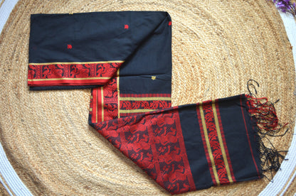 Black Buttery Mul Cotton Bengal Muslin Baluchuri Handloom Saree