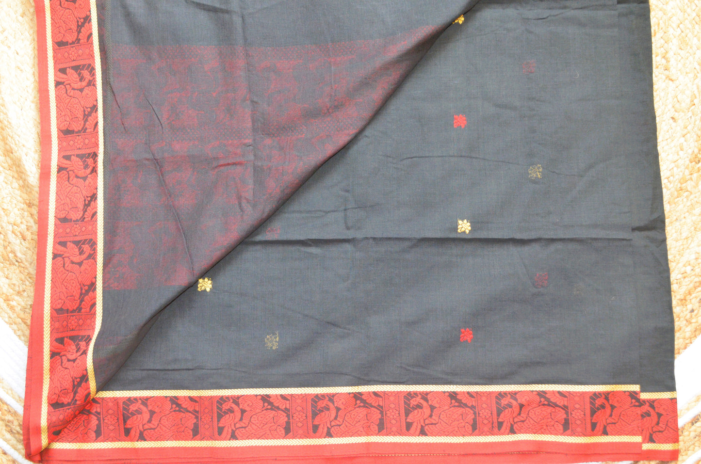 Black Buttery Mul Cotton Bengal Muslin Baluchuri Handloom Saree