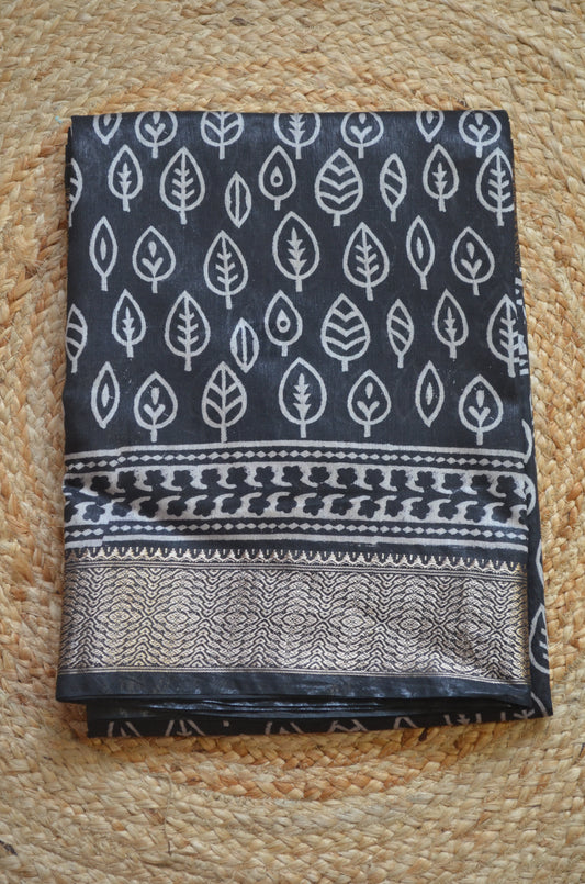 Black Block Print Maheshwari Vegan Silk Saree