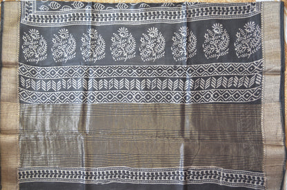 Black Block Print Maheshwari Vegan Silk Saree