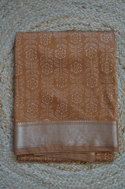 Ochre Block Print Maheshwari Vegan Silk Saree