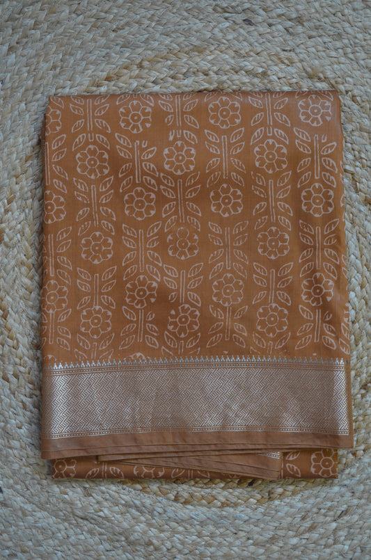 Ochre Block Print Maheshwari Vegan Silk Saree