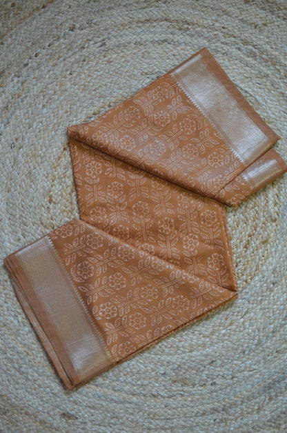 Ochre Block Print Maheshwari Vegan Silk Saree
