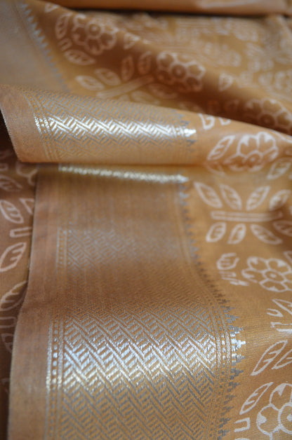 Ochre Block Print Maheshwari Vegan Silk Saree