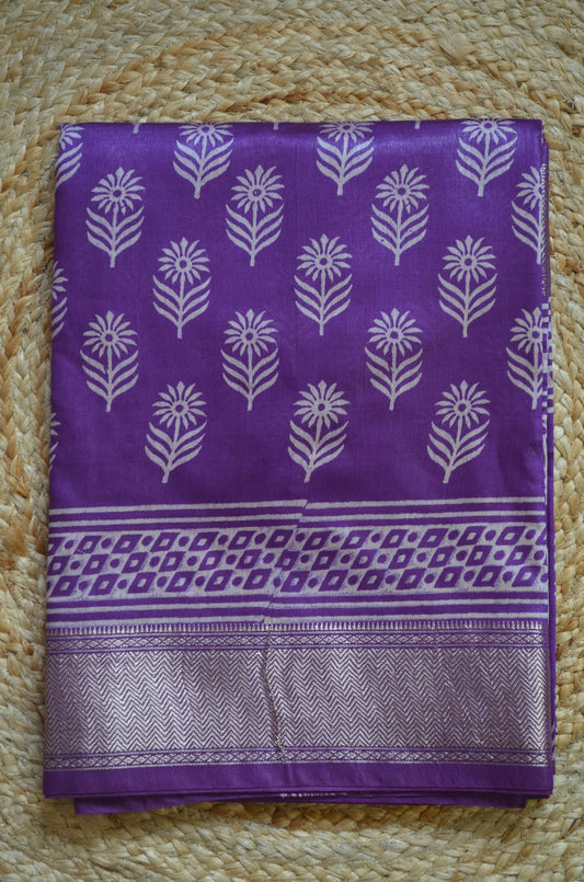 Violet Block Print Maheshwari Vegan Silk Saree