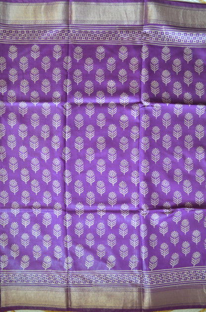 Violet Block Print Maheshwari Vegan Silk Saree