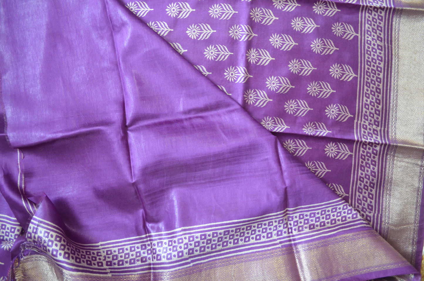 Violet Block Print Maheshwari Vegan Silk Saree
