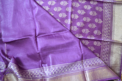 Violet Block Print Maheshwari Vegan Silk Saree