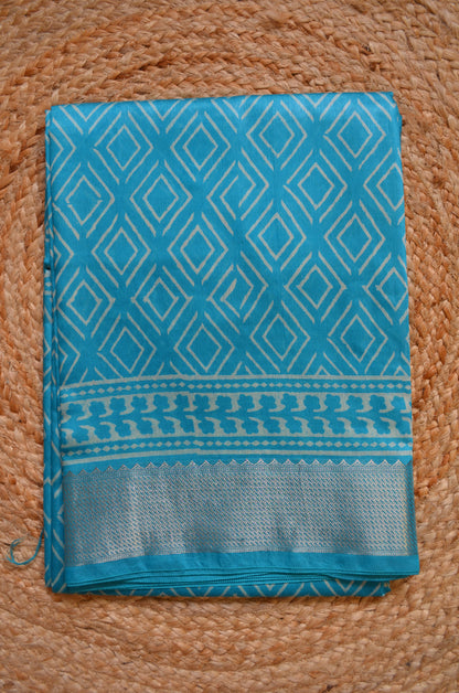 Teal Block Print Maheshwari Vegan Silk Saree