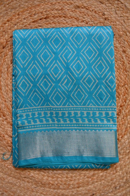 Teal Block Print Maheshwari Vegan Silk Saree