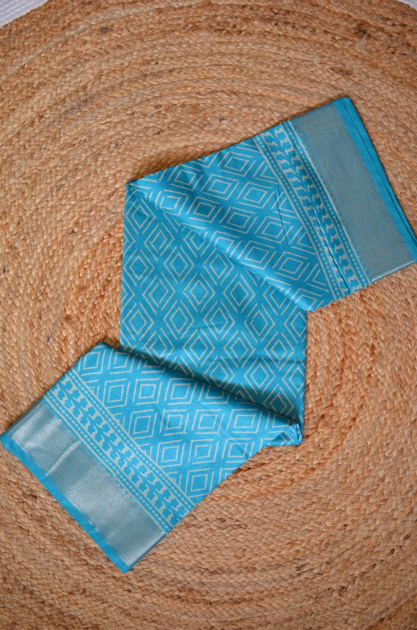 Teal Block Print Maheshwari Vegan Silk Saree