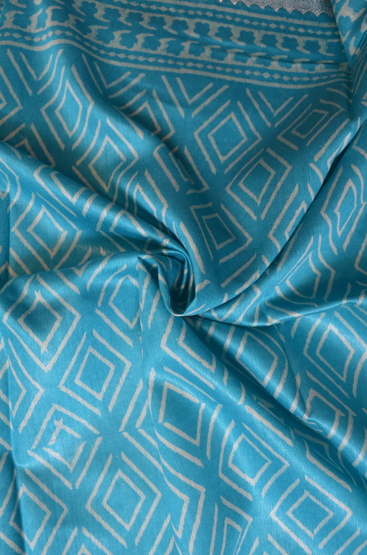 Teal Block Print Maheshwari Vegan Silk Saree