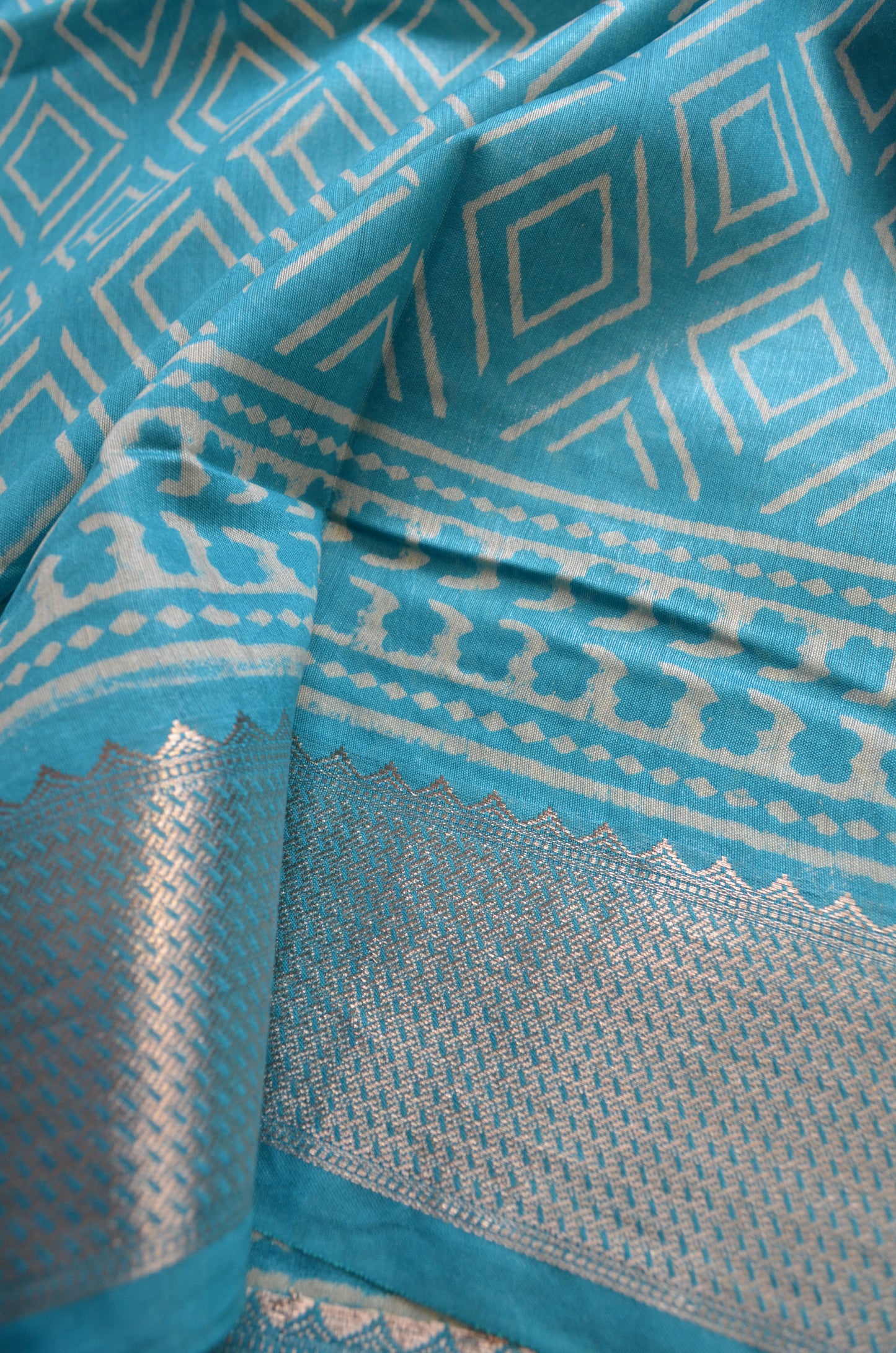 Teal Block Print Maheshwari Vegan Silk Saree