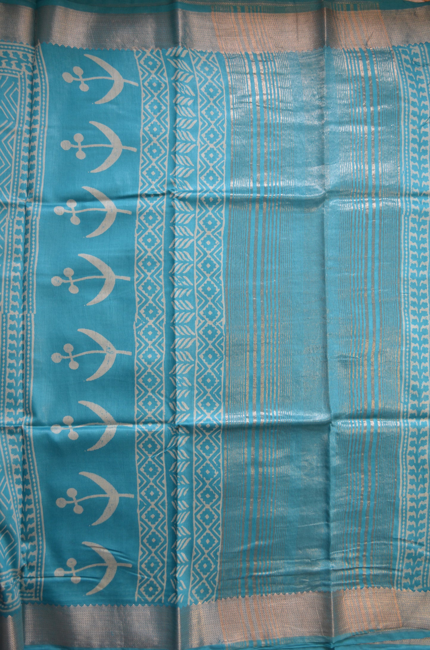 Teal Block Print Maheshwari Vegan Silk Saree