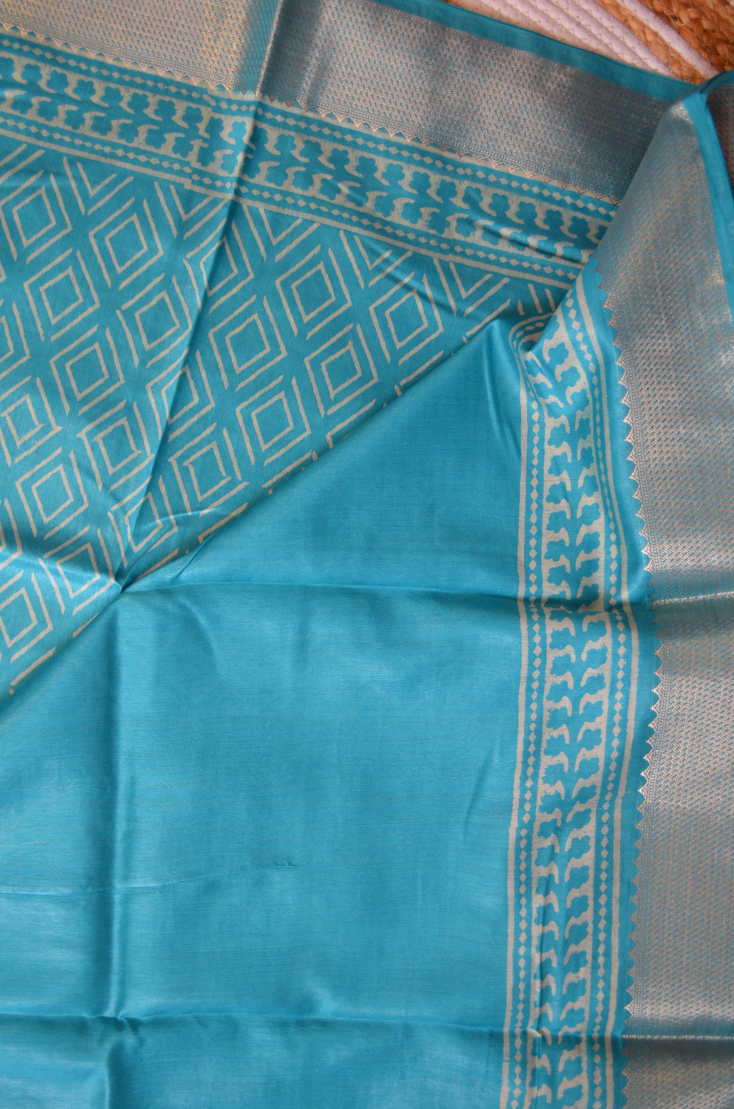 Teal Block Print Maheshwari Vegan Silk Saree