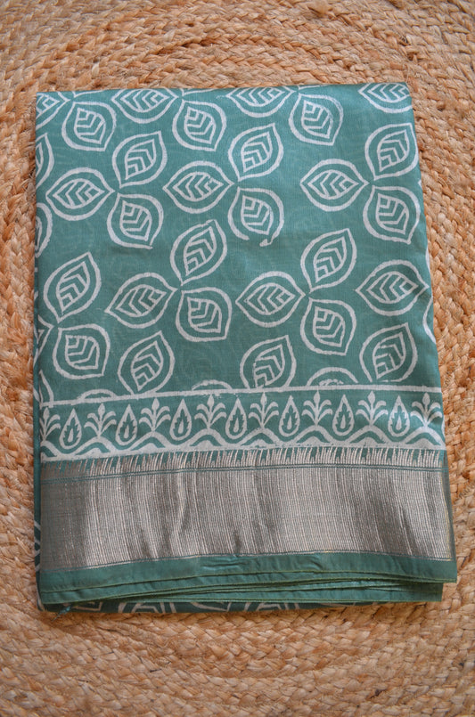 Bottle Green Block Print Maheshwari Vegan Silk Saree