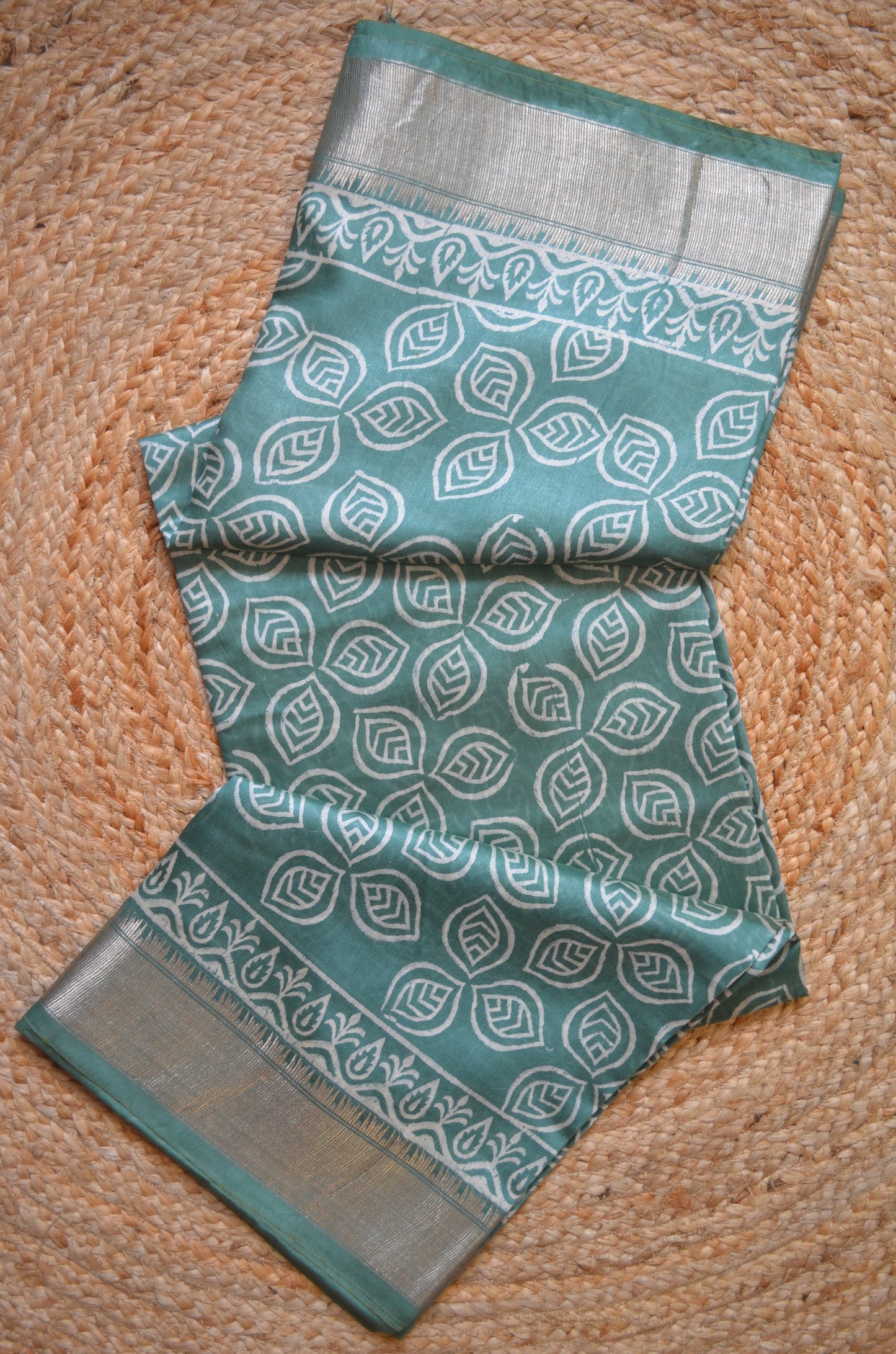 Bottle Green Block Print Maheshwari Vegan Silk Saree
