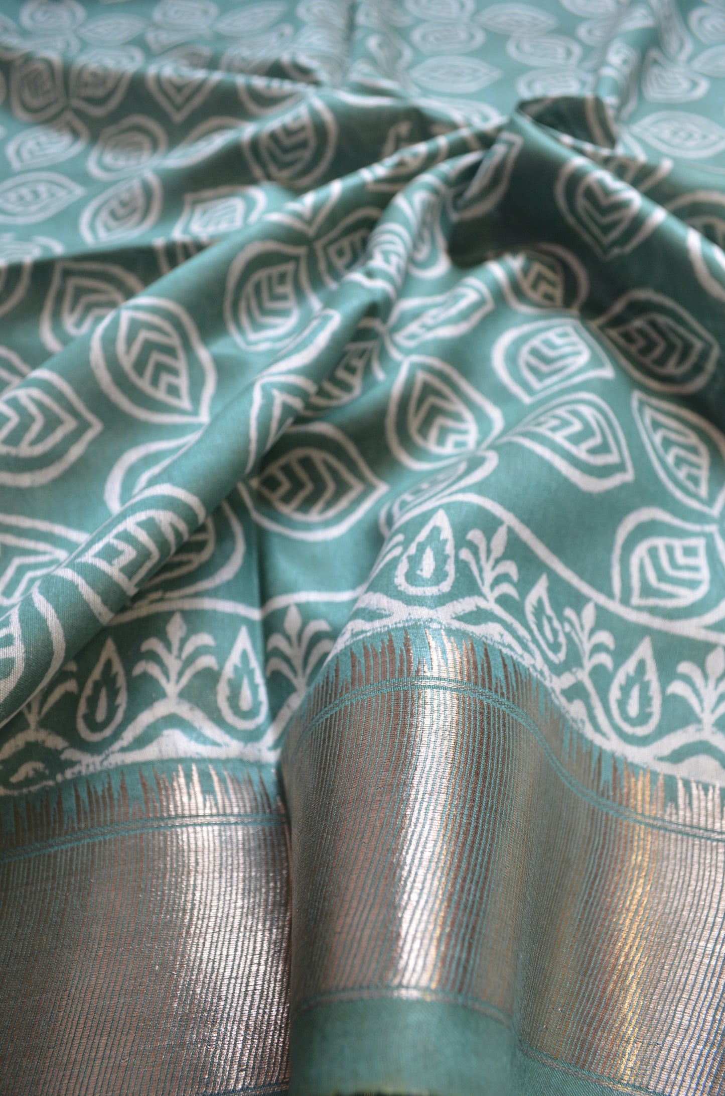 Bottle Green Block Print Maheshwari Vegan Silk Saree