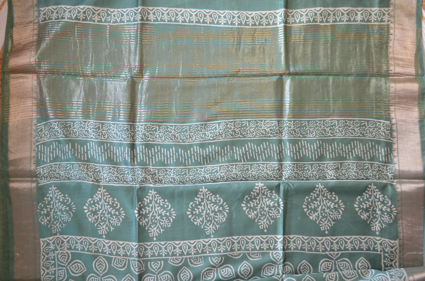Bottle Green Block Print Maheshwari Vegan Silk Saree