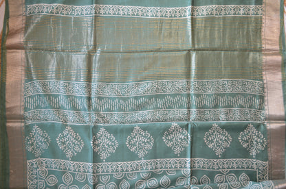 Bottle Green Block Print Maheshwari Vegan Silk Saree