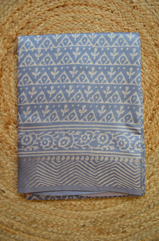 Grey Block Print Maheshwari Vegan Silk Saree