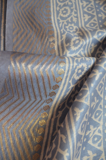 Grey Block Print Maheshwari Vegan Silk Saree