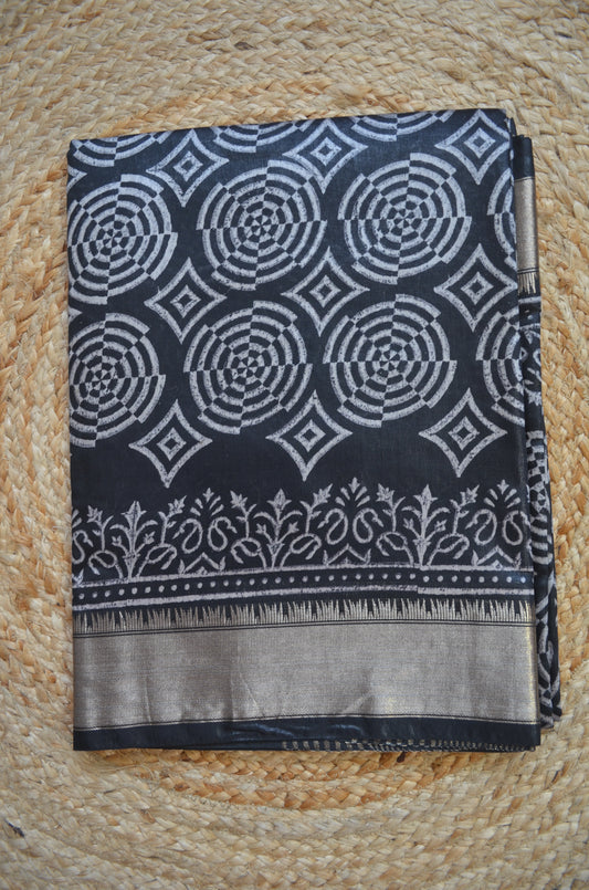 Black Block Print Maheshwari Vegan Silk Saree