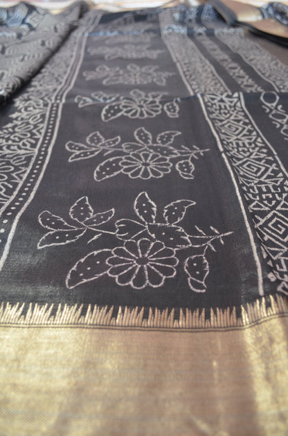 Black Block Print Maheshwari Vegan Silk Saree